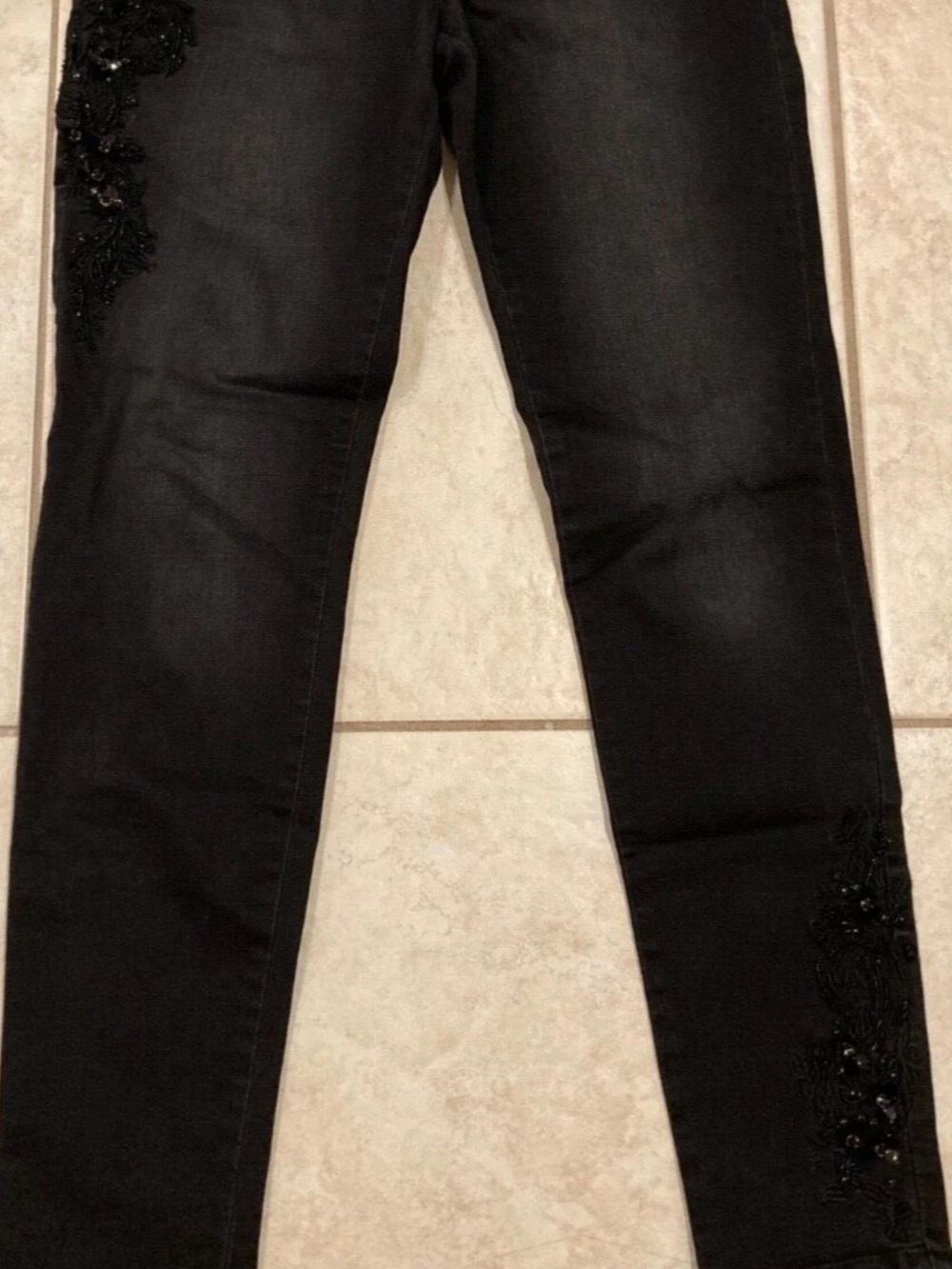 White House Black Market Black Skinny Jeans with Sequin Floral Trim